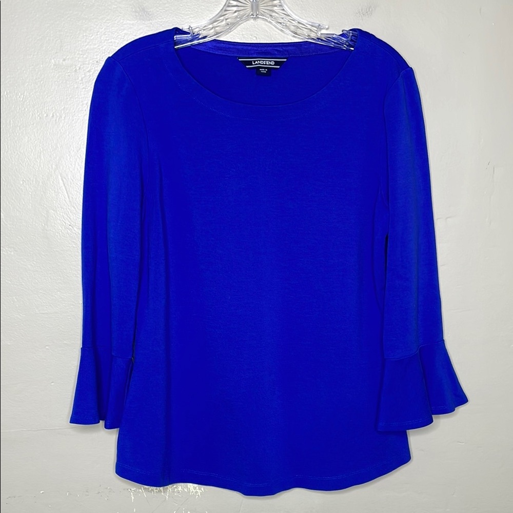 LANDS’ END Top Blue Ponte Knit 3/4 Bell Sleeves Scoop Neck Small (6-8)